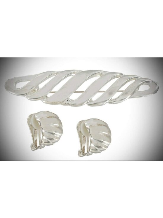 Accessories - Silver Tone Clip-On Hoop Earrings & Rhinestone Brooch Jewelry Set for Women